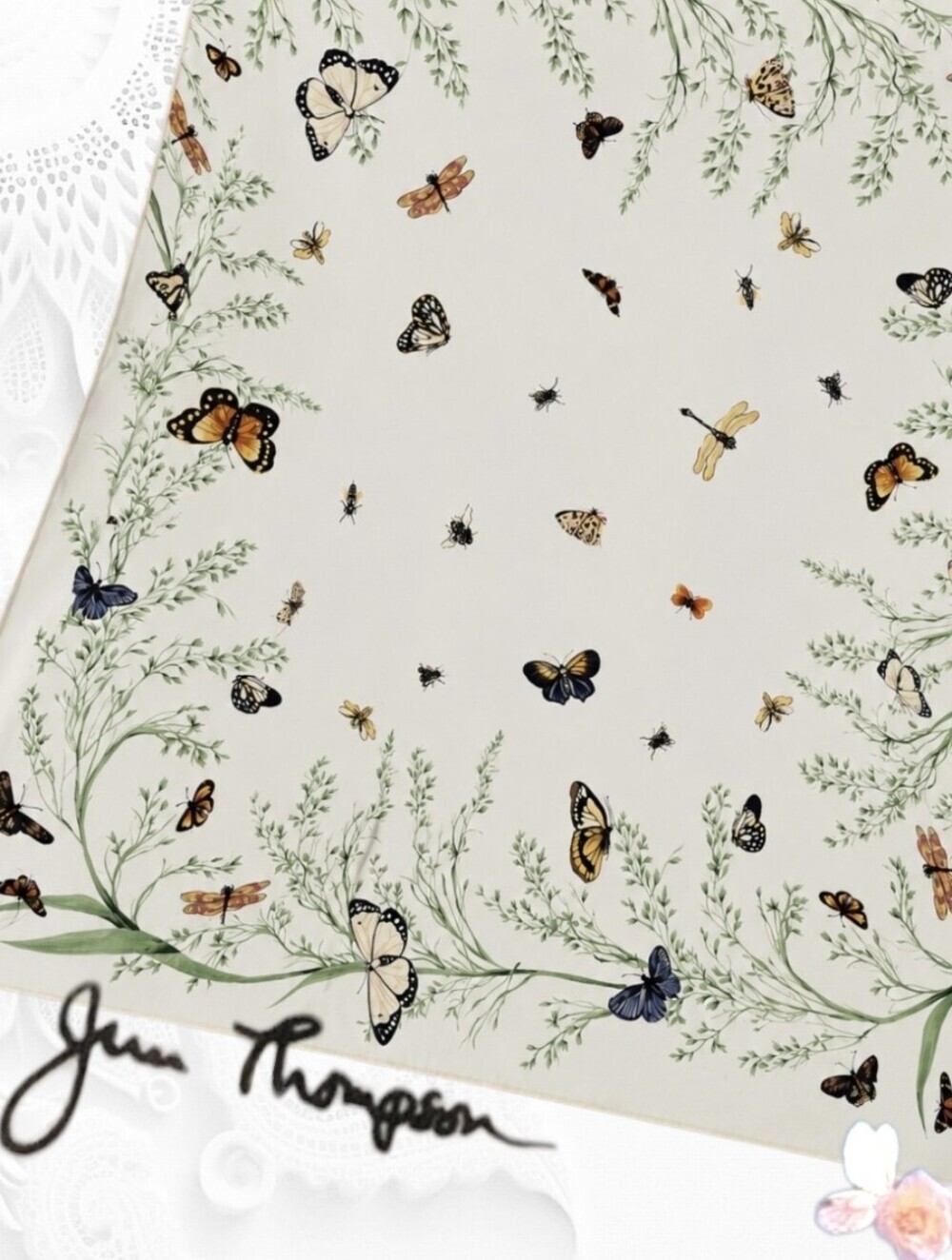 Butterfly Garden Jim Thompson Thai Silk Scarf 34x34" Square Cream Multicolor